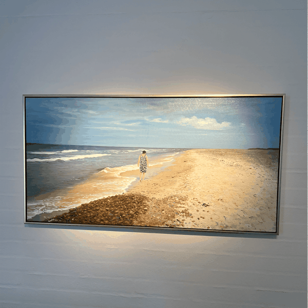 Håndmalet maleri fra foto – kvinde på strand, panoramamaleri på lærred